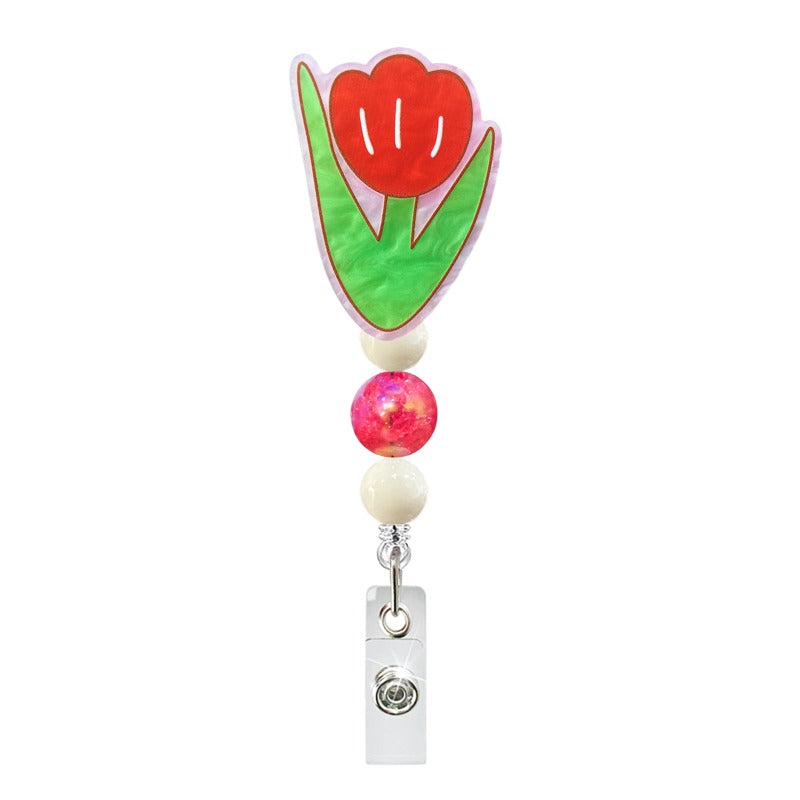 Wholesale Acrylic Flower Beaded Retractable Badge Scroll Keychain